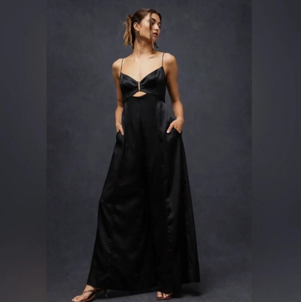 FREE PEOPLE Abbie Wide Leg Satin Jumpsuit Black Sz 8 $250 {H12}